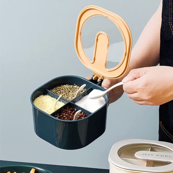 Multi Storage 4 Section Kitchen Spices Lid Box With Spoons Pice Storage Spice Containers With Serving Spoons Spices Storage Box (Multi Color)